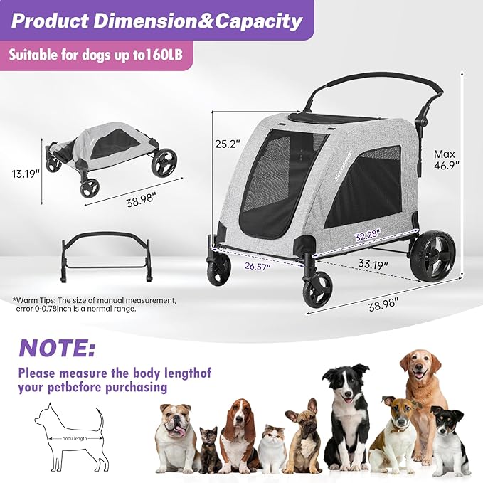 EchoSmile XL Extra Large Dog Stroller - Adjustable Handles,Lightweight Folding Pet Stroller,All-Terrain 4 Wheel for 2 Medium Dogs,Dual Entry Safety Dog Stroller,Capacity 160 lbs,Gray-PurrikoPets