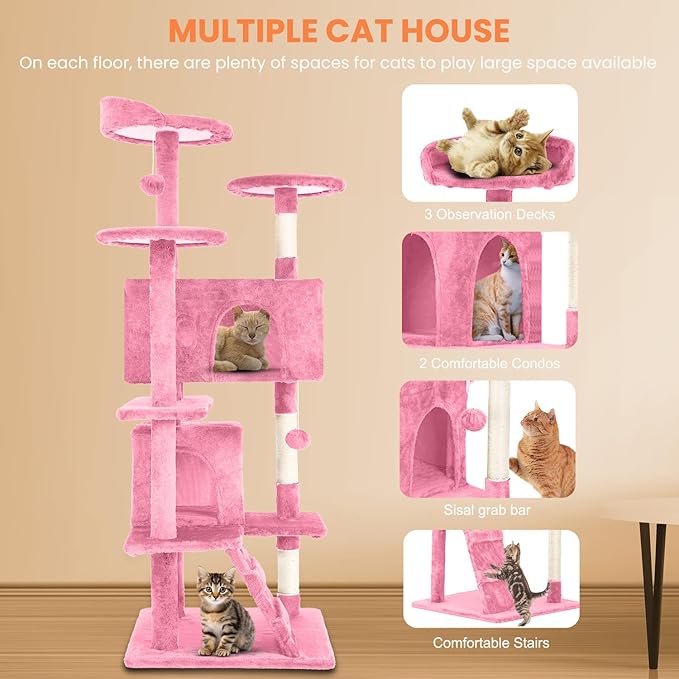 54.7 inches Cat Tower for Indoor Cats, Multi-Level Cat Condos with Scratching Posts, Hanging Toys, Pink-PurrikoPets