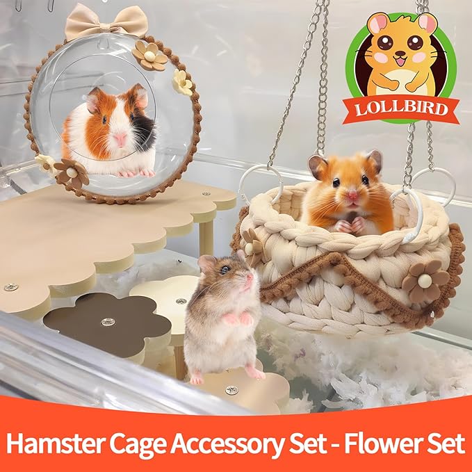 4-Pack Wooden Rat Cage Accessories - Platforms, Ladders & Hammocks Set for Chinchillas, Hamsters, Gerbils (for Iron/Wooden, Acrylic Hamster Cages + Customizable Layout) (9.1x5.6x4.3)-PurrikoPets