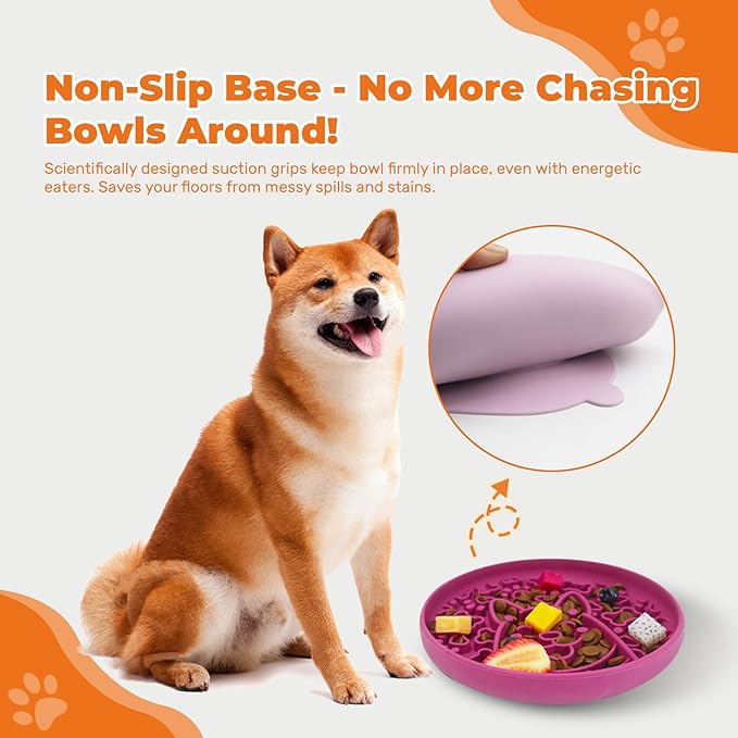 Dog Slow Feeder Bowl, Silicone Dog Bowl, Non-Slip Suction Cups Design,Boring and Anxiety Reducer.(Light Purple)-PurrikoPets