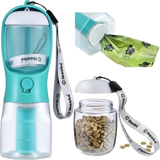 Dog Water Bottle with Food Container & Poop Bag Holder, Travel Water Bowl, Portable Pet Dispenser, Dog Stuff Accessories Items, Puppy Essentials Necessities for Yorkie Chihuahua Walking Hiking-PurrikoPets