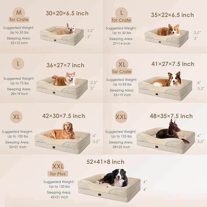 EHEYCIGA Memory Foam Dog Bed for Medium Size, Orthopedic Dog Sofa with Sides and Waterproof Liner, Washable Bolster Pet Bed Couch with Removable Cover, 30x20x6.5 Inch, Beige-PurrikoPets