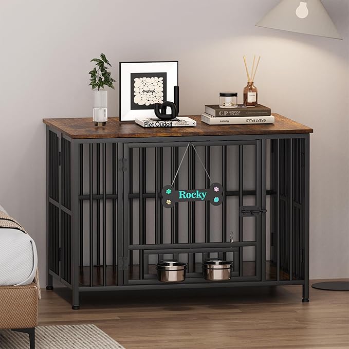 Easycom 31" Dog Crate Furniture Foldable, No Assembly Decorative Dog Kennel Indoor, Dog Crates for Small Dogs (20-40 lbs), Wooden Dog Cage with Adjustable Bowls and Name Tag, End Table, Rustic Brown-PurrikoPets