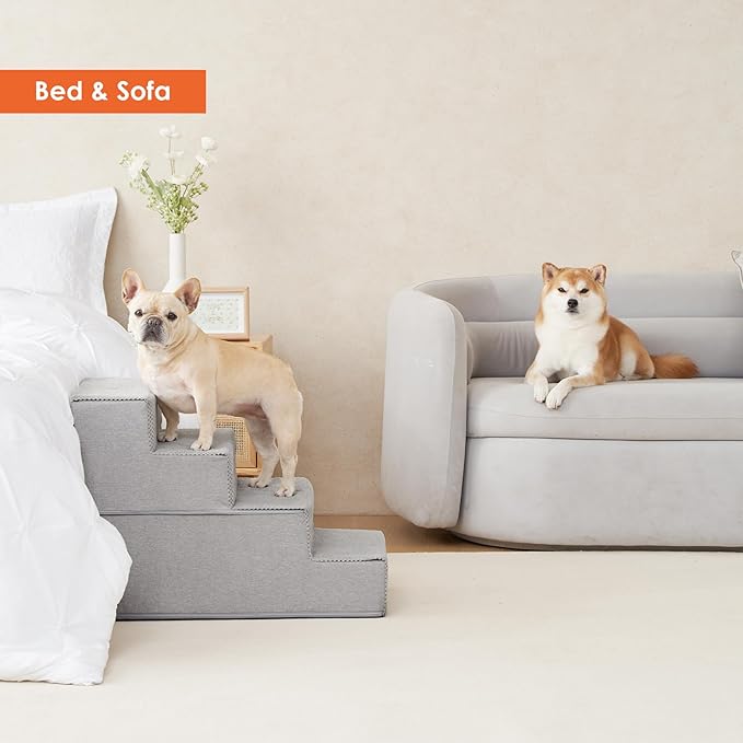 EHEYCIGA Dog Stairs for Bed 20" H, 4-Step Extra Wide Dog Steps for High Bed, Pet Steps for Small Dogs and Cats, Non-Slip Balanced Pet Ramp Indoor, Light Grey-PurrikoPets