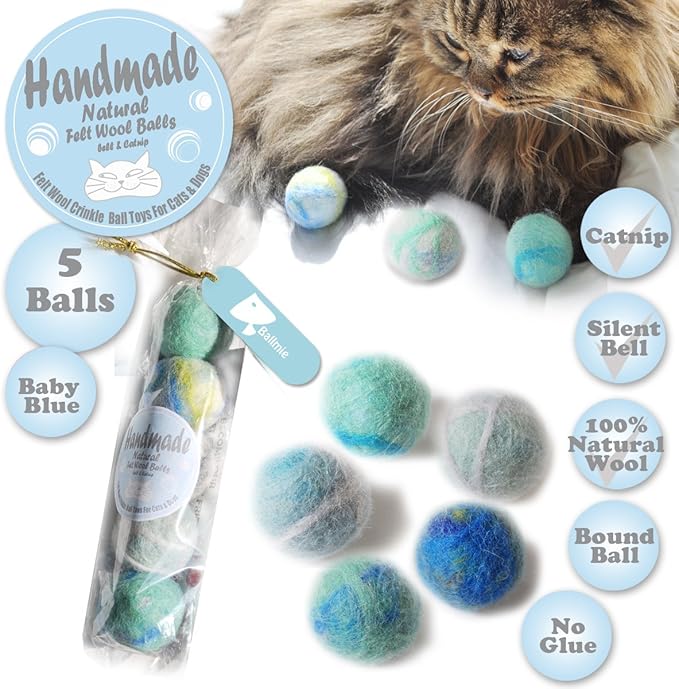 Felt Wool Cat Toys Ball with Catnip and Bell, Natural Handmade (Baby Blue (5 Units))-PurrikoPets