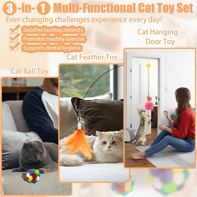 4-in-1 Interactive Cat Toys Set with Suction Cup Wand, Hanging Cat Toys, Fishing Pole Cat Wand & Kitten Balls- Includes Variety Replaceable Worms, Feathers for Indoor Bored Cats for Exercise-PurrikoPets