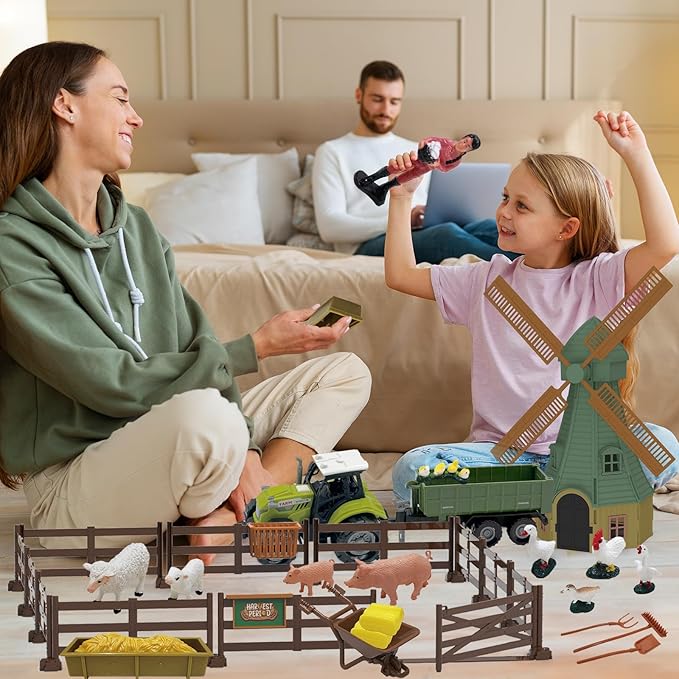 82PCS Farm Animals Toys Set Comes with Tractor Trailer, Windmill, Farmer, Fence - Playset for Kids Toddlers Boys Girls 5+ Years Old-PurrikoPets