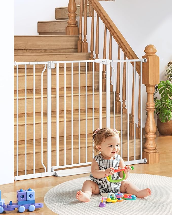 34" Extra Tall Baby Gate for Stairs, Auto Close Stroller Friendly Dog Gate Indoor for Doorways, Pressure Mounted 29"-51" W Baby Gate, Easy Walk Through Gate for Children & Pets, White-PurrikoPets