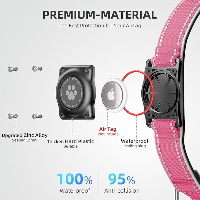 Airtag Dog Collar - 100% Waterproof Air tag Dog Collar Holder for Apple AirTag, Reflective, Soft Padded, Everlasting, GPS Dog Collar for Small Medium Large Dogs (Hot Pink, M)-PurrikoPets