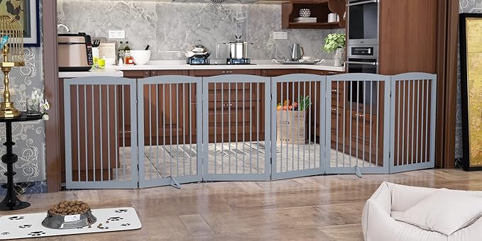 Freestanding Pet Gate for Dogs, Indoor Wooden Foldable Dog Gate for House, Extra Wide, Pet Fence for Stairs, Doorways, Halls, Support Feet Included, 120 Inch Wide, 6 Panels 32",Grey-PurrikoPets