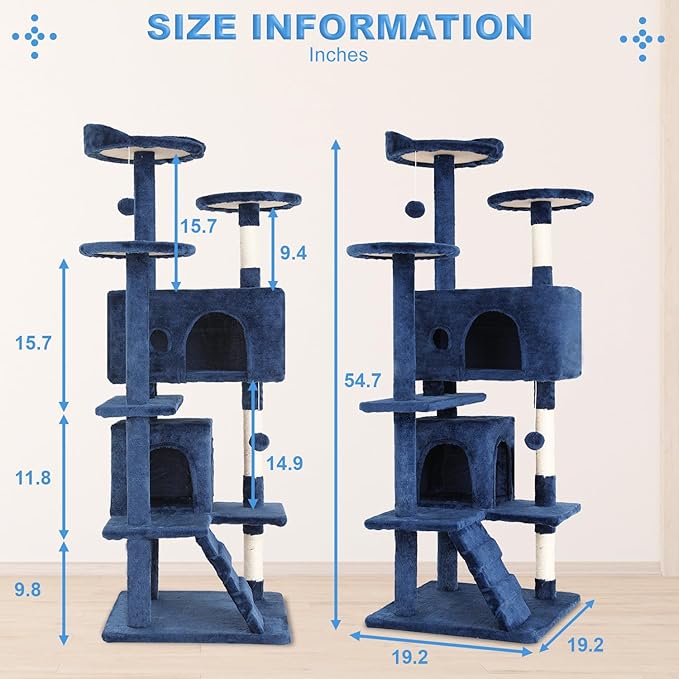 FDW Cat Tree 54in Cat Tower Multi-Level Durable Cat Scratching Post & Cozy Fun Cat Jumping Platform Space Saving Cat Condo Pet Play House for Indoor Cats,Navy Blue-PurrikoPets