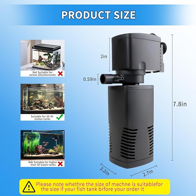 Fish Tank Filter for 15-40 Gallon Tank, 160 GPH Crystal Clear Powerful Internal Aquarium Filters Submersible Pump& Filter System for Fish Tank & Turtle Tank-PurrikoPets