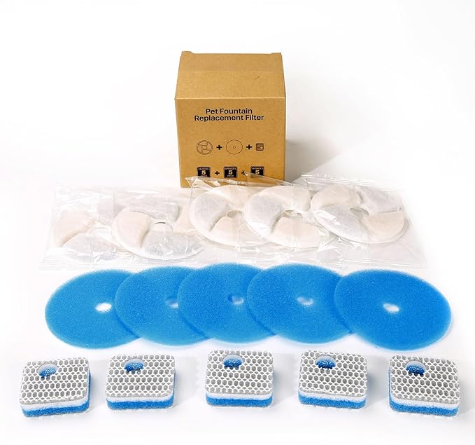 5 Set Cat Water Fountain Filter Replacement for Square 2.2L/73oz Stainless Steel Cat Fountain, ZEKIRY Pet Fountain Filter, Triple Filtration Replacement Filters(5 Filter, 5 Sponge, 5 8D Sponge)-PurrikoPets