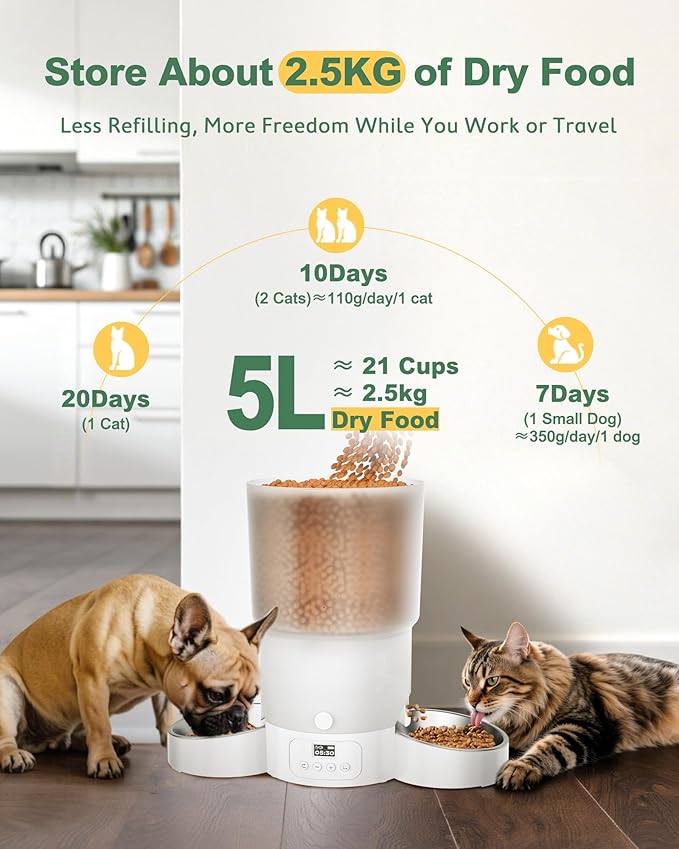 Gimars 5L Automatic Cat Feeder for 2 Cats, Programmable 1-6 Meals Cat Food Dispenser with Stainless Steel Bowl, Easy Setup, Dual Power Supply,10s Meal Call Timed Pet Feeder for Cats and Small Dogs-PurrikoPets