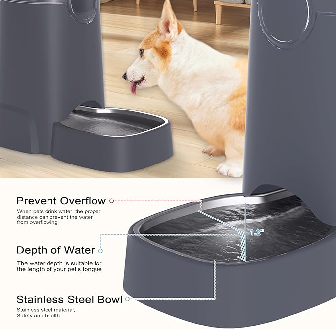 8L Automatic Pet Waterer,Gravity Stainless Steel Water Feeder,Gravity Pet Water Dispenser,Large Capacity Waterer with Stainless Steel Bowl for Medium and Large-Sized Cats and Dogs(8L,Grey)-PurrikoPets