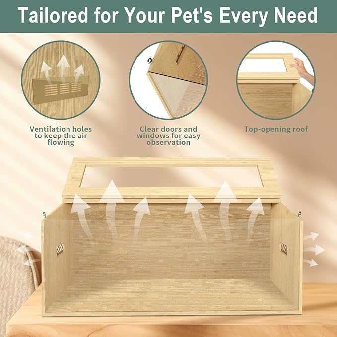 32" Hamster Habitat Enclosure, Top Opening Lockable Roof Door, Gerbil Dwarf Hamster Cage with Hygrometer, Chewproof Syrian Hamster Cage for Mice, Small Animal, (Wooden, 32" L x 16" W x 16" H)-PurrikoPets