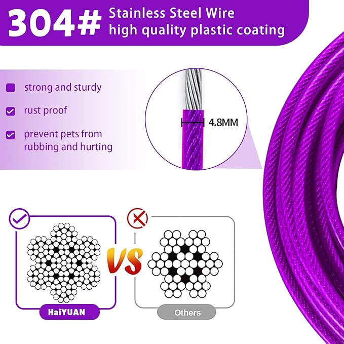 Dog Tie Out Cable 10/15/20/25/30 FT Runner for Yard Steel Wire Cable with Durable Superior Clips Purple Chains for Outside Dog Lead for Large Up to 165 Lbs-PurrikoPets