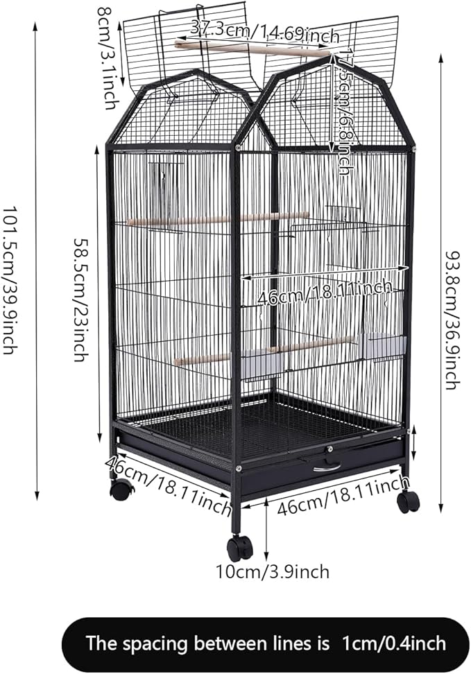 40-Inch Wrought Iron Bird Cage with Open-Top and Rolling Stand, Movable Parrot Cage Pet Bird Flight Cage, 360 Degree View Spacious Interactive Roof Pet Bird House for Medium&Small Birds-PurrikoPets