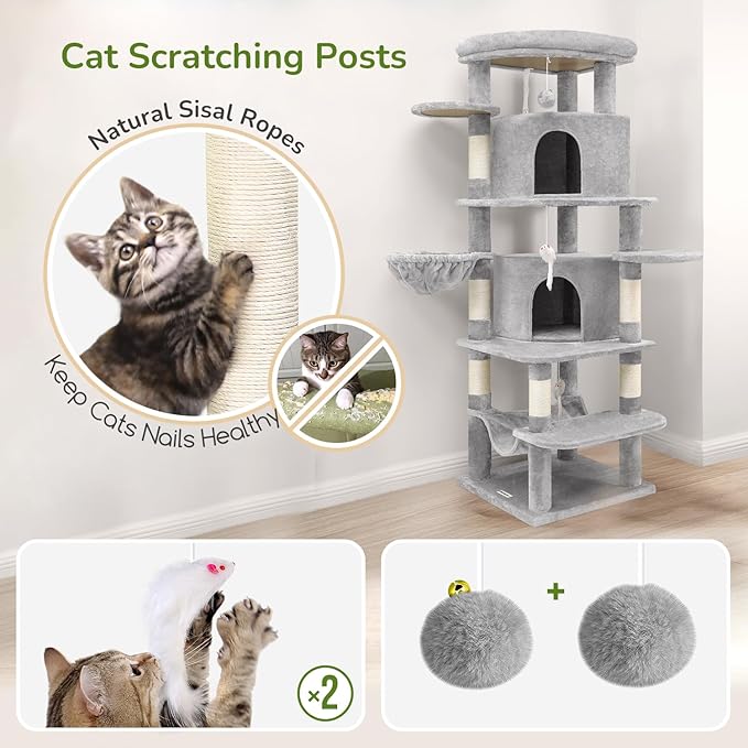 Globlazer Corner Cat Tree for Large Cats, 66inch Tall Curved Series Large Cat Tower for Multiple Indoor Cats with 6 Scratching Posts, 2 Spacious Cat Condos, Hammock, Hanging Basket, C66, Light Grey-PurrikoPets