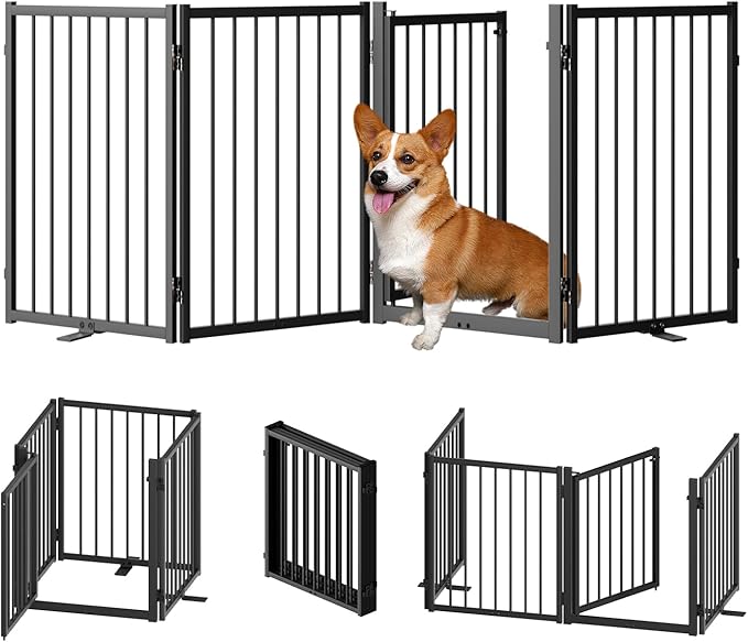 Full Metal Freestanding Dog Gate with Door, 24'' Height Foldable Pet Dog Fence for Indoor & Outdoor, 4 Panels Extra Wide Free Standing SmallDog Gates for Doorways,House,Stairs,Porch,Deck,Yard-PurrikoPets