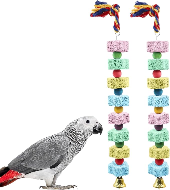 2 Pack Bird Chewing Toy, Colorful Parrot Beak Grinding Calcium Stone with Bells, Cage Accessories for Cockatiels Parakeets Parrots Budgies Lovebirds Rat Hamster Chinchilla Rabbit Bunny African Grey-PurrikoPets