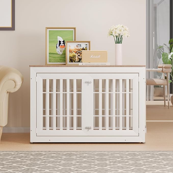 48" Heavy Duty Dog Crate Furniture for Small,Medium and Large Dogs,Rustic Wooden Dog Cage Kennel Indoor Furniture with Waterproof Top,Decorative Pet House Side End Table (White & Wood)-PurrikoPets