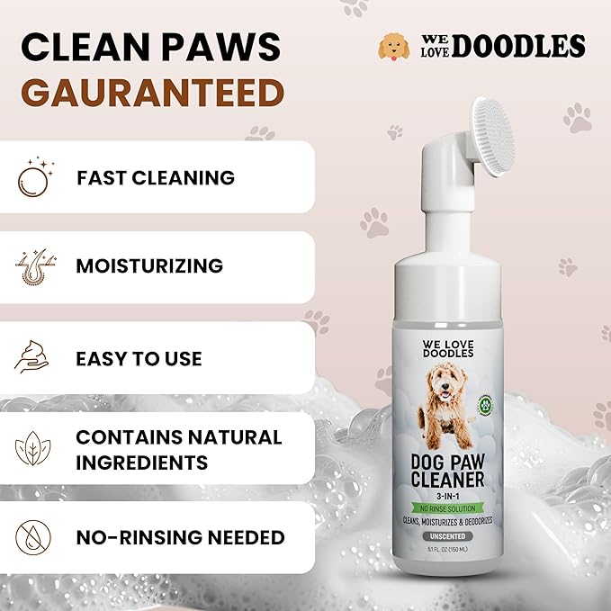 Dog Paw Cleaner (Over 100+ Feet Cleanings) No-Rinse Dog Foot Washer, Gentle and Safe Paw Cleaner for Dogs and Cats, Foam Formula, Moisturizes and Deodorizes, 150mL (Unscented) [We Love Doodles]-PurrikoPets
