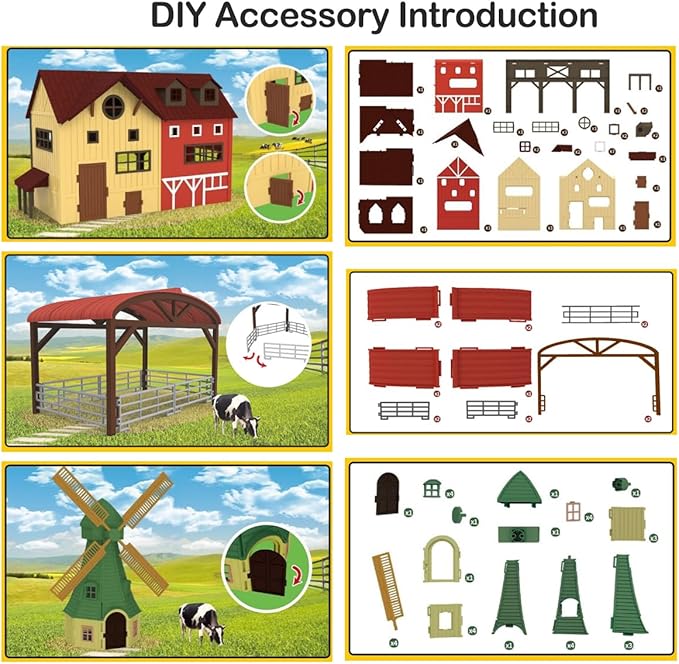 Farm Animals Figurines Toys -140 pcs Toy Set Barn Toy Horse Stable Tractor Trailer Windmill Farmer Fence Playset for Kids Toddlers Boy Girl 3-7 Years Old-PurrikoPets
