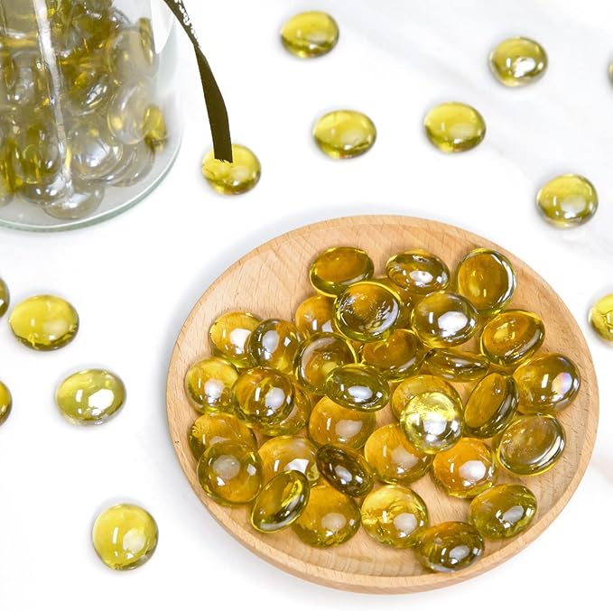 FUTUREPLUSX 1LB Yellow Glass Marbles, Flat Marbles Glass Beads Vase Fillers Decorative Rocks Gold Gemstones for Centerpieces Aquarium Table Scatter Home Decor-PurrikoPets