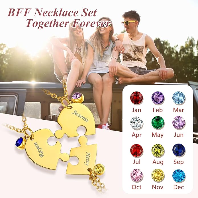 FindChic Personalized Matching BFF Necklace for 2/3/4/5/6 Puzzle Name Heart Pendant Stainless Steel Couple Necklace Set Customized Necklaces for Teen Girls