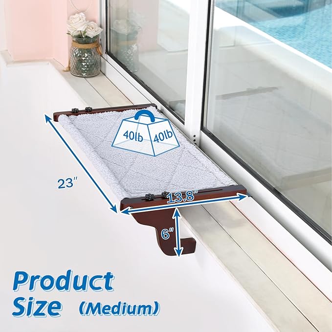 Easy Seat Cat Perch for Window Sill - Hammock Design w/Premium Wood & Robust Metal Frame - Cat Window Seat for Large Cats and Kittens (Dark Stained Wood w/Gray Bed, Medium (23''W x 14''D))-PurrikoPets