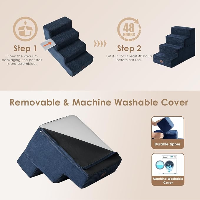 EHEYCIGA Dog Stairs for Bed 18" H, 4-Step Dog Steps for High Bed, Pet Steps for Small Dogs and Cats, Non-Slip Balanced Pet Ramp Indoor, Navy Blue-PurrikoPets