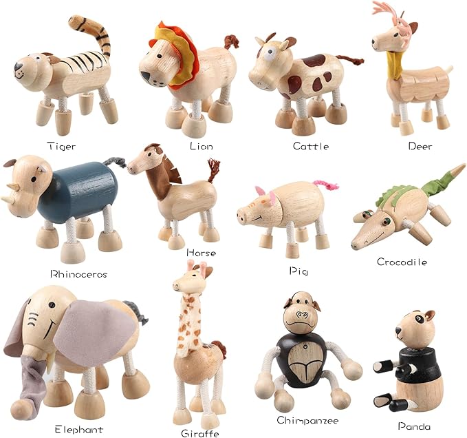 12PCS Bendable Wooden Animal Toys, Fun and Posable Animal Toys for Early Education, Smooth Natural Wood, Safari Farm Wood Animals Learning Toy for Kids-PurrikoPets
