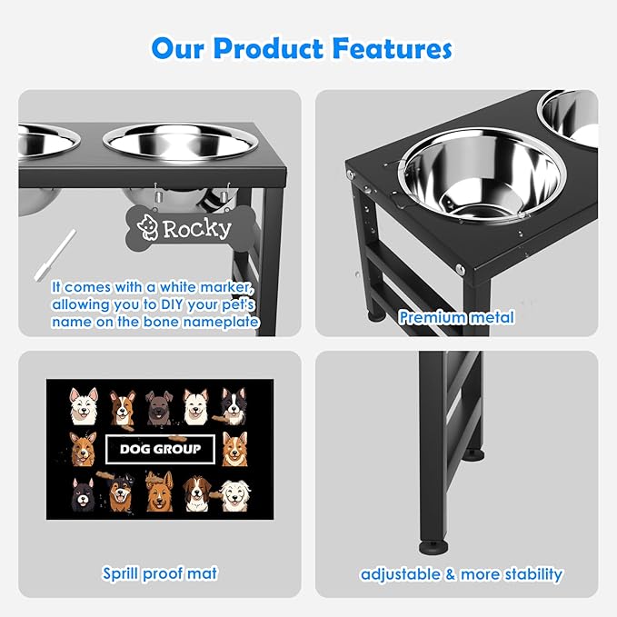 Elevated Dog Bowls, 10" Tall Height, Raised Bowl Stand with 2 Stainless Steel Food Feeder Bowls (58oz) and Spill-Proof Mat for Medium Large and Small Breeds-PurrikoPets
