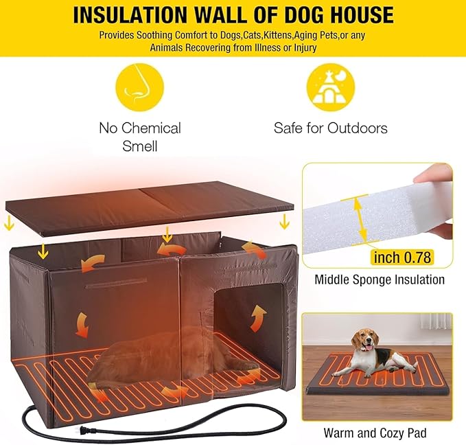 Aivituvin Dog House Insulated Outdoor Dog Kennel with Heated Liner for Winter 59" Extra Large Insulated Dog Cage with Heater,All-Around Iron Frame(Grey)-PurrikoPets