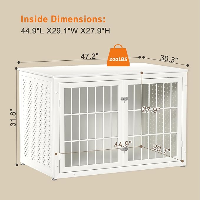 48" Heavy Duty Dog Crate Furniture for Large Dogs, Metal Cage for High Anxiety Dogs, Wooden Kennel Furniture Indoor, Decorative Dog Kennel End Table, XL,White-PurrikoPets