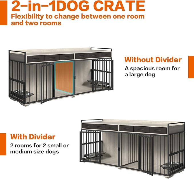 86.6inch Dog Crate Furniture with Storage,Furniture Style TV Stand Dog Kennel for 2 Dogs,with 6 Drawers,Removable Divider&Adjustable Bowls,Heavy Duty Metal Chew-Resistant Dog Crate Furniture-PurrikoPets