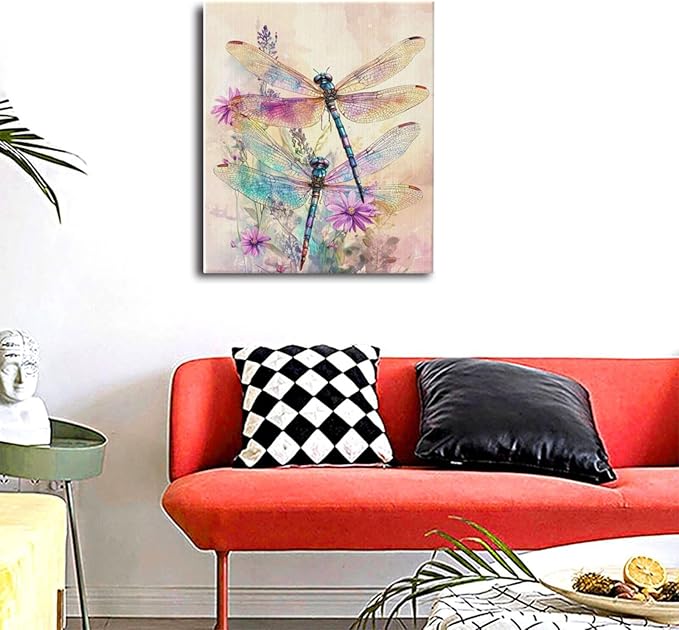 Dragonfly Bathroom Pictures Wall Art, Floral Bathroom Wall Decor, Framed Painting Canvas Artwork for Bedroom Living Room Decorations 24"L x 20"W-PurrikoPets