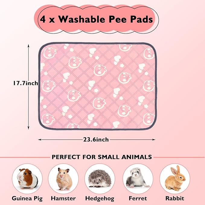 4 Pack Guinea Pig Bedding - Washable Guinea Pig Cage Liners, Waterproof Reusable & Anti Slip Pee Pads Super Absorbent Mats for Small Animals Pet Rabbit Bunny Hamster Rat (Pink, 24 x 18 Inch)-PurrikoPets