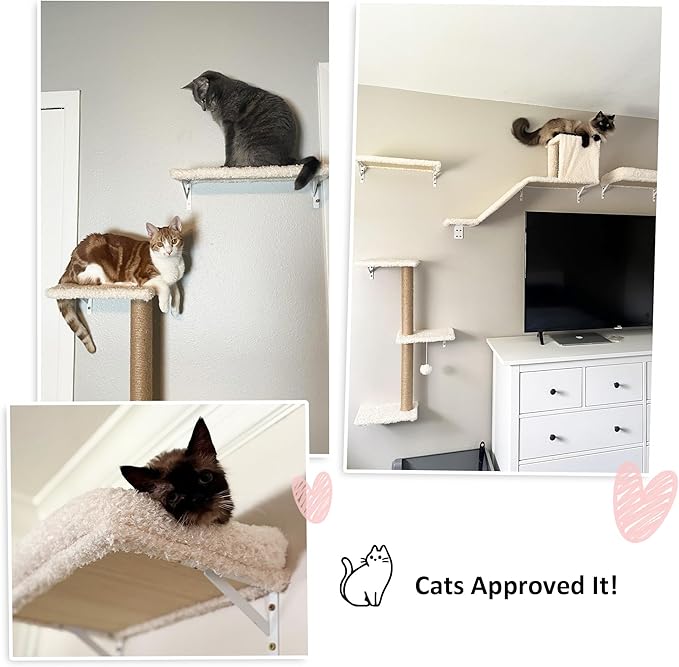 FUKUMARU Cat Wall Shelves, Stable & Safe 4 in 1 Large Cat Walls Furniture Set, Wooden Kitten Climbing Wall with Scratching Post for 16 Inch Drywall - Beige-PurrikoPets