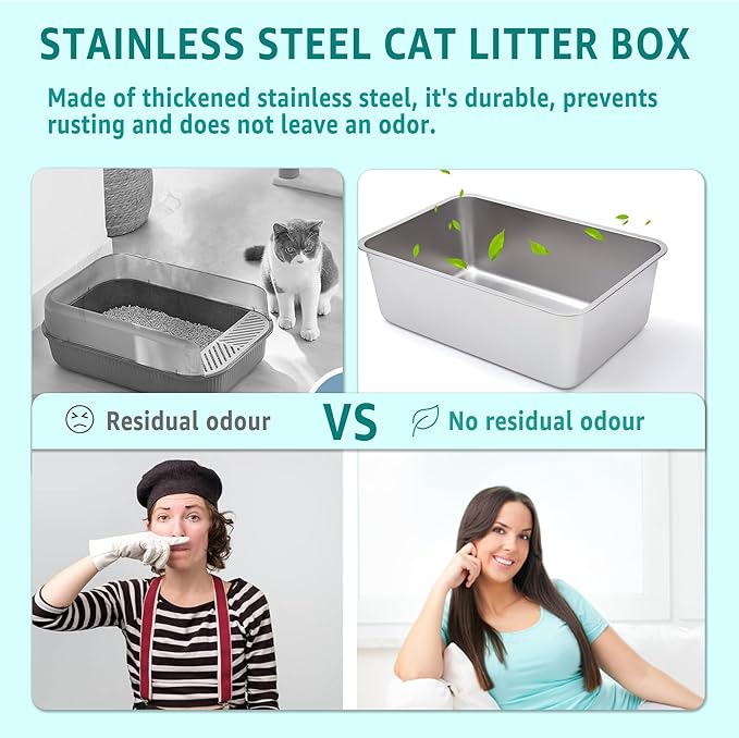 2 Pack Stainless Steel Litter Box-XXL Metal Litter Box for Big Cats 8IN Deep, Cat LitterBox-Pet Toilet Easy to Clean,High Sided Cat Litters Boxes Adult Cats,Non Stick, No Smell-PurrikoPets