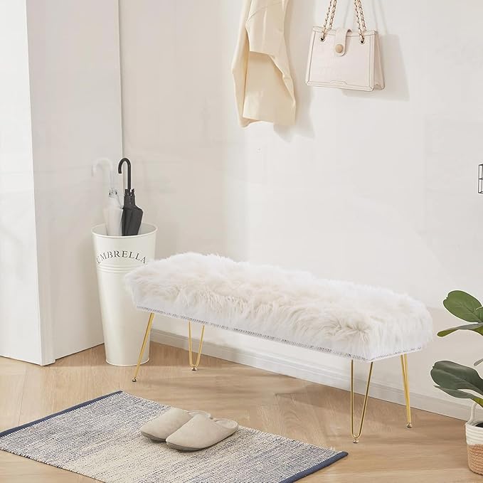 46 Inch White Bedroom Bench, Benches for Bedroom White Faux Fur Upholstered Bed end Bench, Tufting Ottoman Bench Indoor Bench with Metal Legs for Living Room Bedroom Entryway, White-PurrikoPets