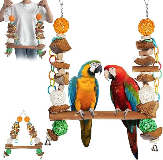 3-in-1 Parrot Toys Natural Coconut Fiber Parrot Hammock (Swing + Perch + Chew Toy) Natural Bird Perches for Medium Large Birds - 23" Bird Toys for Parrots Stand-PurrikoPets