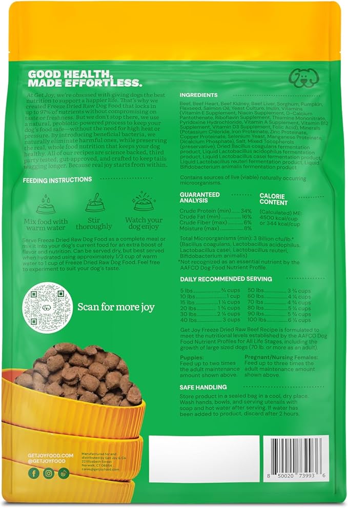 Get Joy Gut Health Fresh Freeze Dried Raw Meal, Beef Recipe, 32 Ounce Bag, Dog Food for Dogs of All Breeds and Life Stages, PhD Animal Nutritionist Formulated, USDA Beef, Made in USA-PurrikoPets