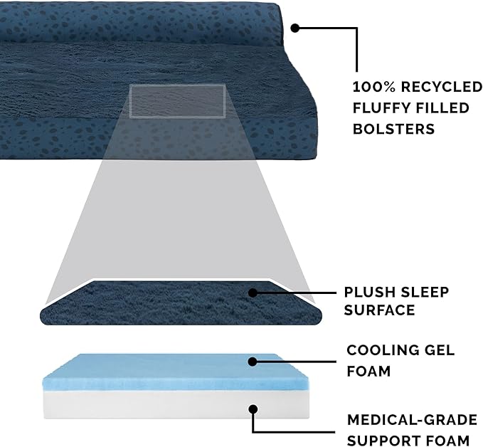 Furhaven Cooling Gel Dog Bed for Large/Medium Dogs w/ Removable Bolsters & Washable Cover, For Dogs Up to 55 lbs - Plush & Almond Print L Shaped Chaise - Blue Almonds, Large-PurrikoPets