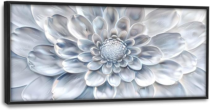 Abstract Flower Large Wall Art White Silver Floral Pictures Wall Decor Neutral Canvas Print Painting Artwork for Bathroom Living Room Bedroom 60L" x 30W"-PurrikoPets