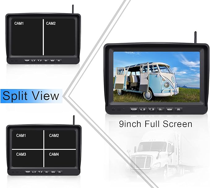 9" Wireless Backup Camera System for RV Truck Trailer Camper, 9 Inch DVR Quad Split Monitor IP69 Waterproof HD 1080P Wireless Rear Side View Cameras, Stable Signal Observation System - B904-PurrikoPets