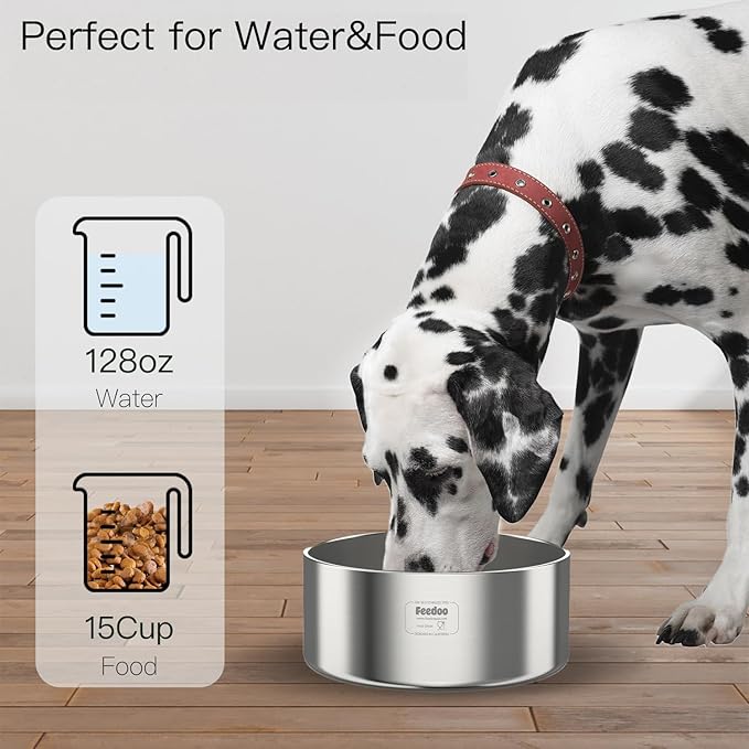 1Gallon Double Layer 304 Stainless Steel Dog Bowl - Insulated & Durable | Non-Slip Base | Easy to Clean | BPA-Free Safe Dog Water Bowl[128oz for Large Giant Breeds]-PurrikoPets