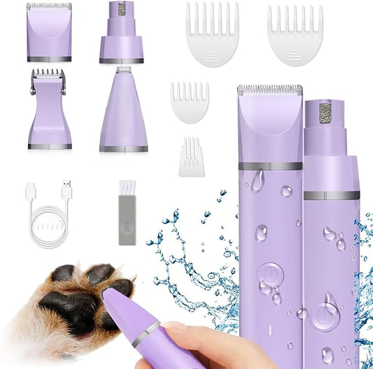 Dog Grooming Clippers Kit-Electric Rechargeable Cat Trimmer Tools-Cordless Quiet Pet Nail Paw Grinder-4 in 1 Multifunctional Low Noise Shaver-Razor for feet Face Ears Toenail Eye-PurrikoPets