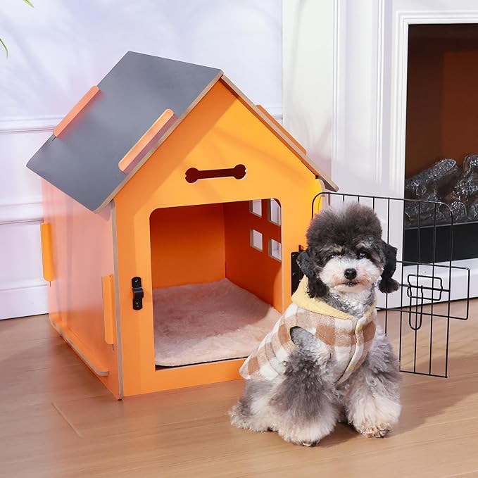 Dog House Indoor for Small Dogs or Cats, Cozy Wooden Design, Small Indoor Bed House, with Air Vents and Elevated Floor Warm Dog Cave (Orange)-PurrikoPets